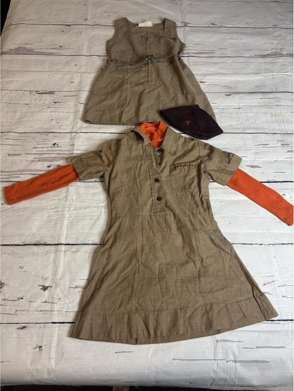 Vintage Linen Girl Scouts Brownie Uniforms Set Of Two With Hat (A5)